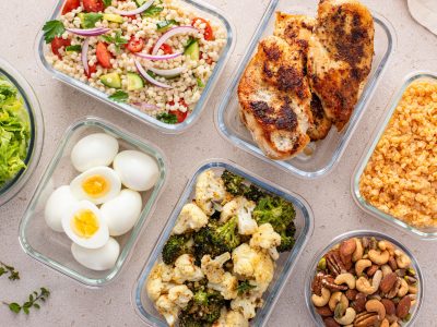 Healthy high protein meal prep with cooked chicken breast, boiled eggs, roasted vegetables, cooked lentils, couscous salad and mixed nuts